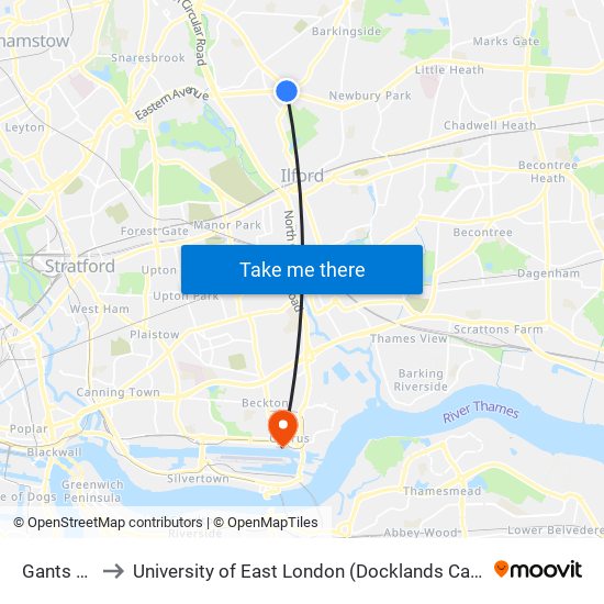 Gants Hill to University of East London (Docklands Campus) map