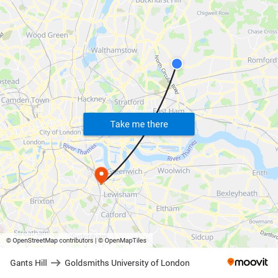 Gants Hill to Goldsmiths University of London map