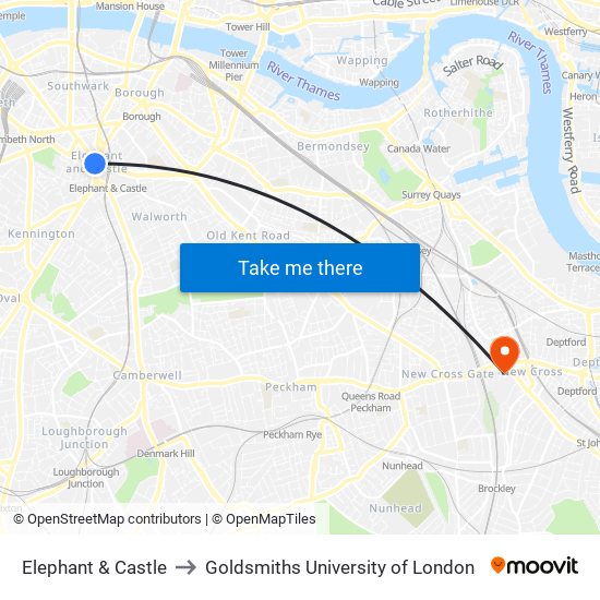 Elephant & Castle to Goldsmiths University of London map