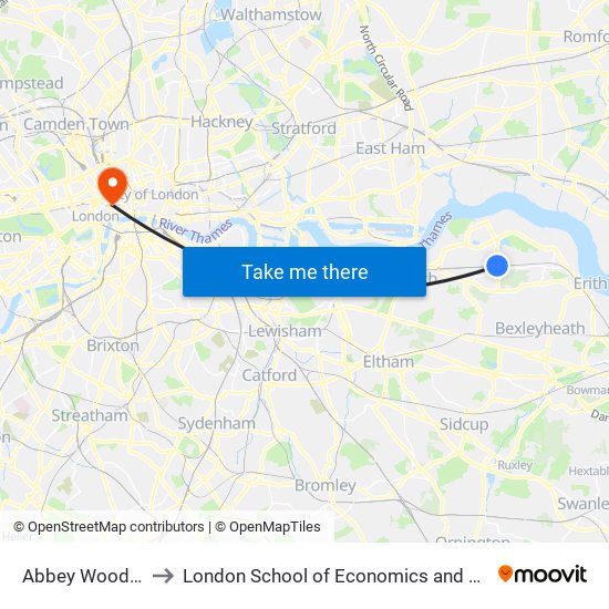 Abbey Wood (London) to London School of Economics and Political Science (LSE) map