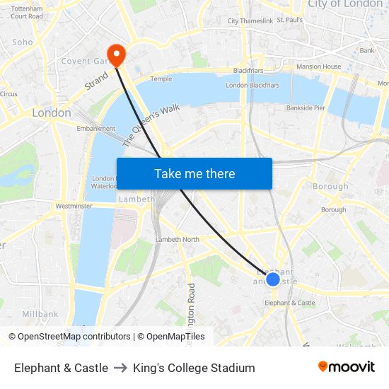 Elephant & Castle to King's College Stadium map