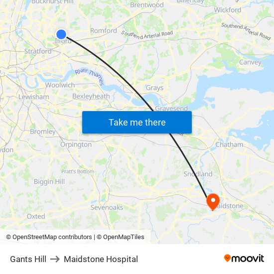 Gants Hill to Maidstone Hospital map