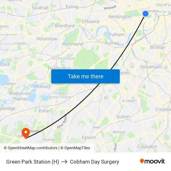 Green Park Station (H) to Cobham Day Surgery map