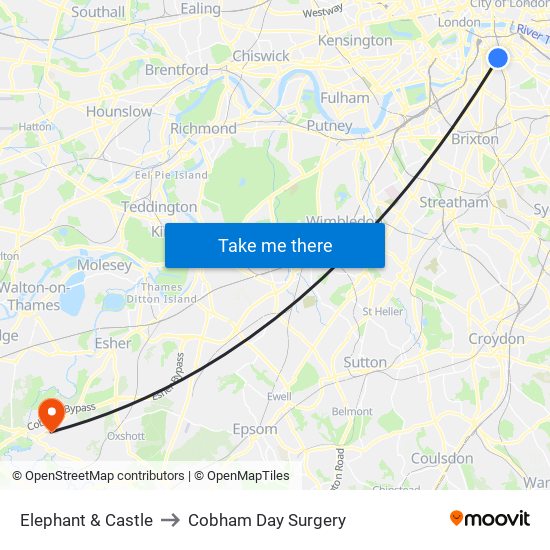 Elephant & Castle to Cobham Day Surgery map