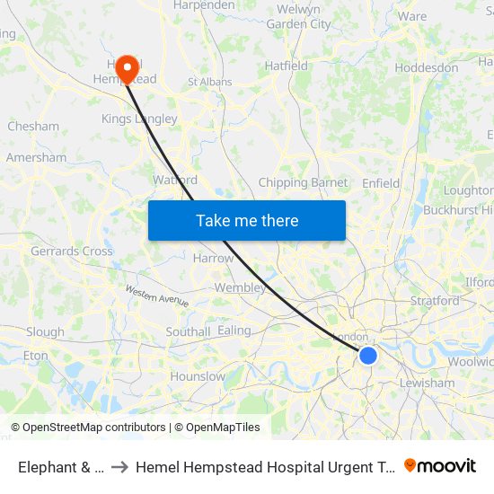 Elephant & Castle to Hemel Hempstead Hospital Urgent Treatment Centre map