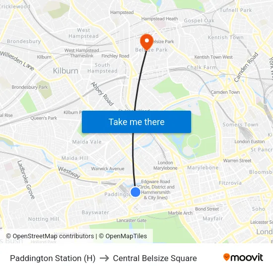 Paddington Station (H) to Central Belsize Square map