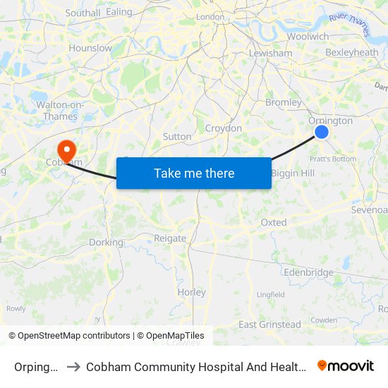 Orpington to Cobham Community Hospital And Health Centre map