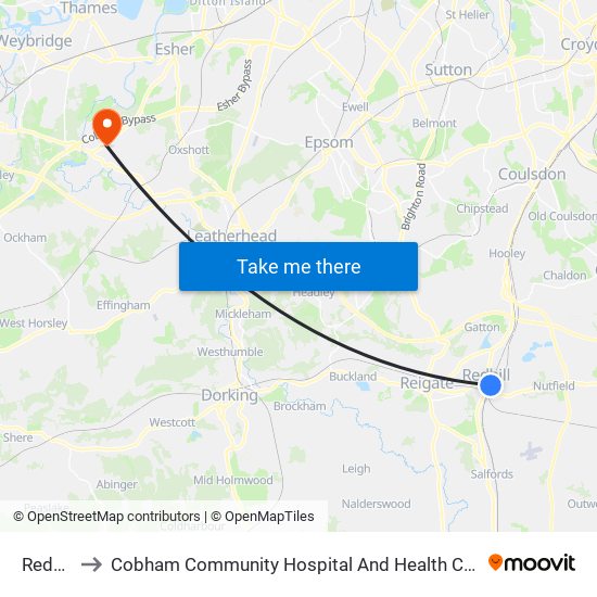 Redhill to Cobham Community Hospital And Health Centre map