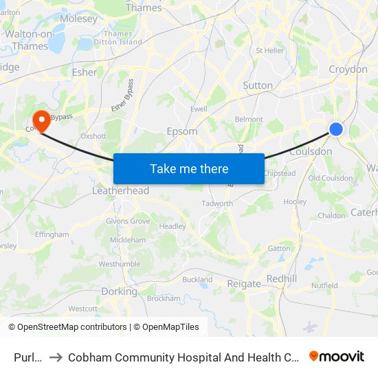 Purley to Cobham Community Hospital And Health Centre map