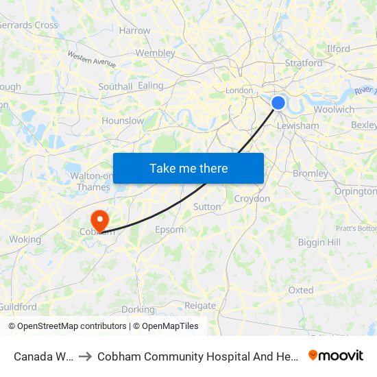 Canada Water to Cobham Community Hospital And Health Centre map