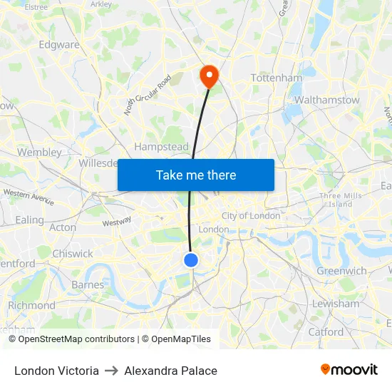 London Victoria, Semley Place Belgravia London SW1W 9 to Alexandra Palace map