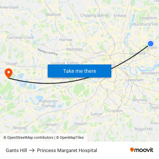 Gants Hill to Princess Margaret Hospital map