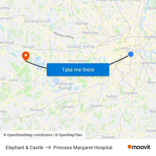 Elephant & Castle to Princess Margaret Hospital map