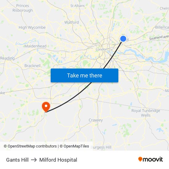 Gants Hill to Milford Hospital map