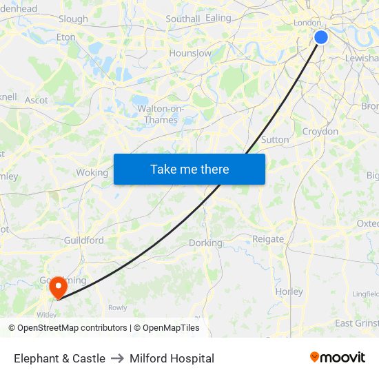 Elephant & Castle to Milford Hospital map