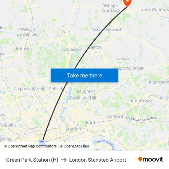 Green Park Station (H) to London Stansted Airport map