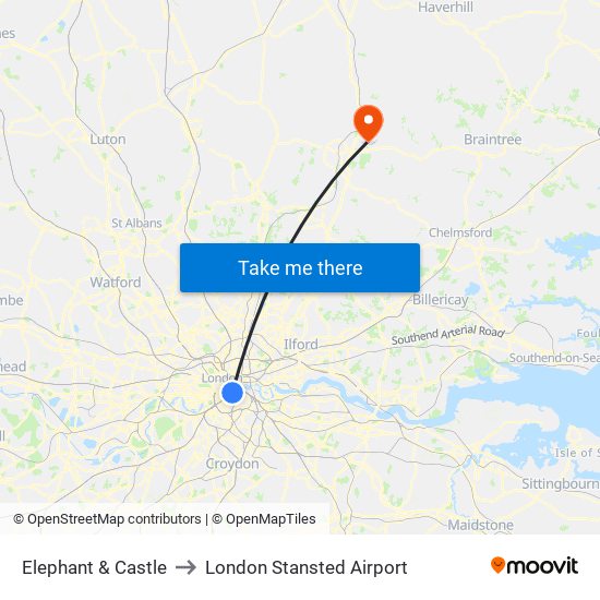 Elephant & Castle to London Stansted Airport map