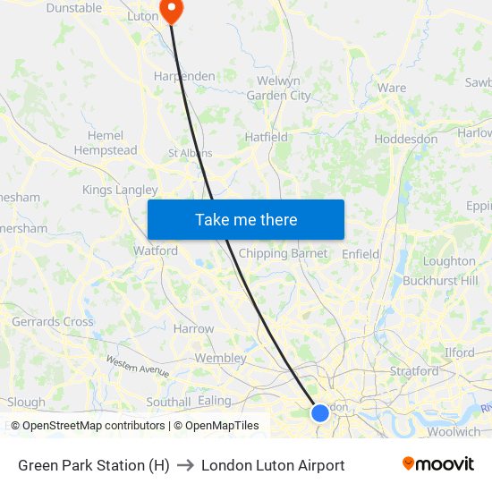 Green Park Station (H) to London Luton Airport map