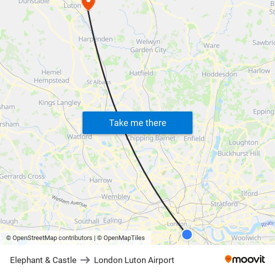 Elephant & Castle to London Luton Airport map