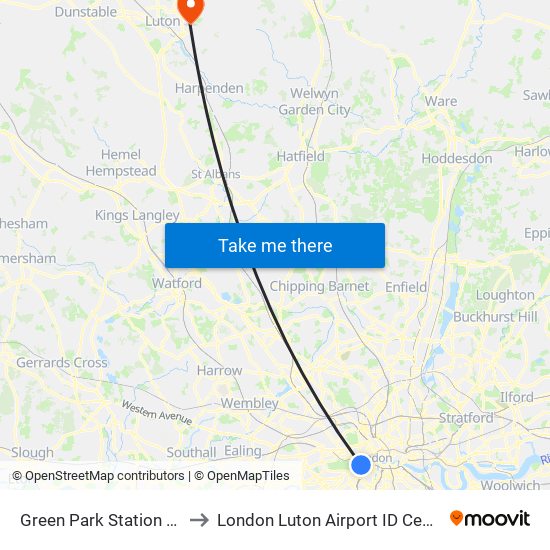 Green Park Station (H) to London Luton Airport ID Centre map
