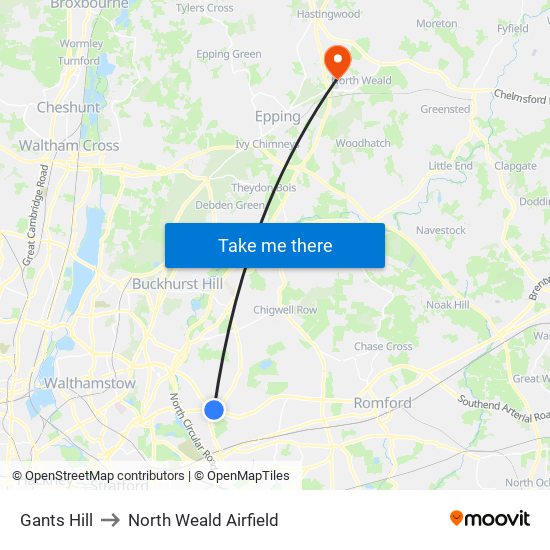 Gants Hill to North Weald Airfield map