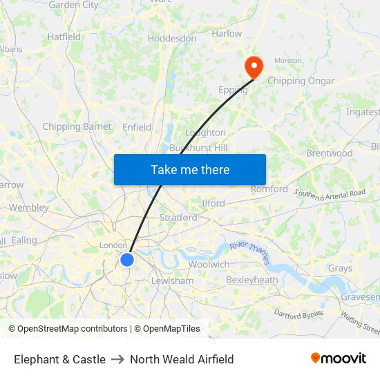 Elephant & Castle to North Weald Airfield map