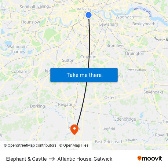 Elephant & Castle to Atlantic House, Gatwick map