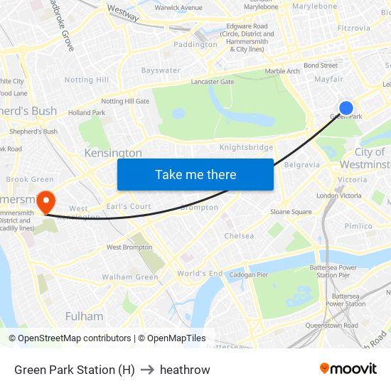 Green Park Station (H) to heathrow map