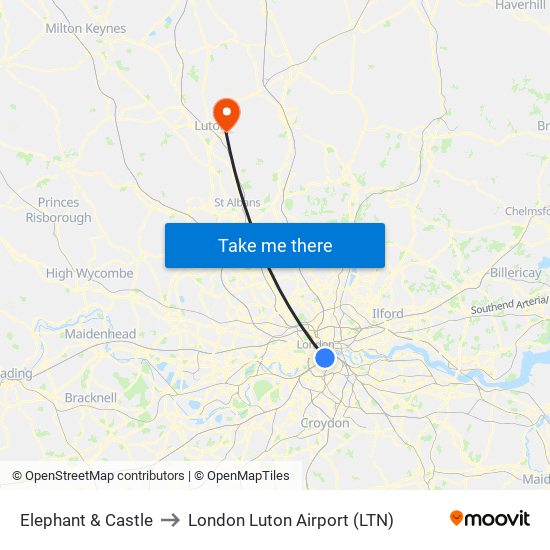 Elephant & Castle to London Luton Airport (LTN) map