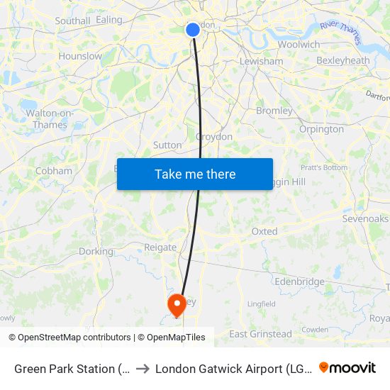 Green Park Station (H) to London Gatwick Airport (LGW) map