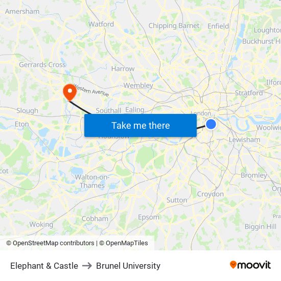 Elephant & Castle to Brunel University map