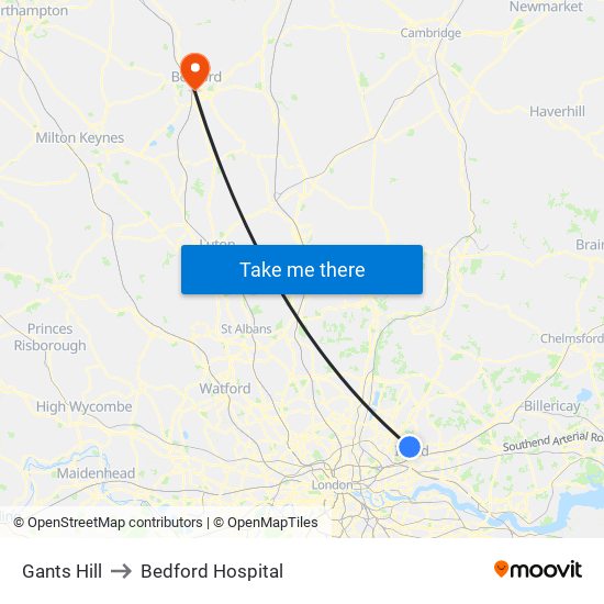 Gants Hill to Bedford Hospital map
