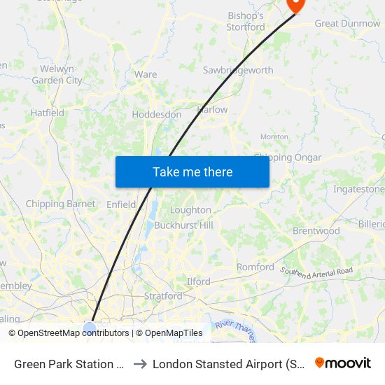 Green Park Station (H) to London Stansted Airport (STN) map