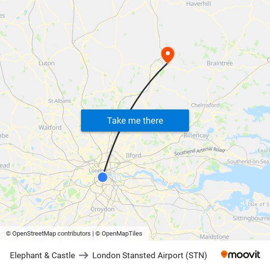 Elephant & Castle to London Stansted Airport (STN) map