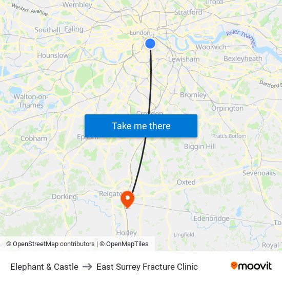Elephant & Castle to East Surrey Fracture Clinic map