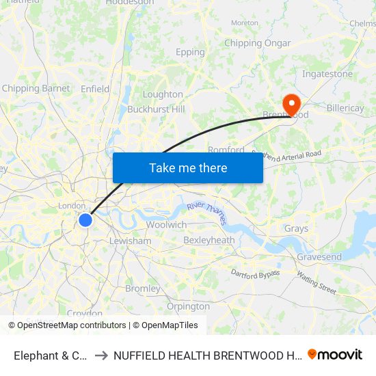 Elephant & Castle to NUFFIELD HEALTH BRENTWOOD HOSPITAL map