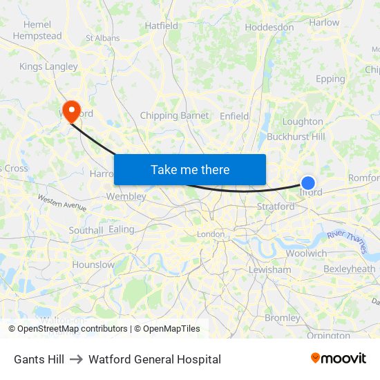 Gants Hill to Watford General Hospital map