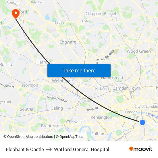 Elephant & Castle to Watford General Hospital map