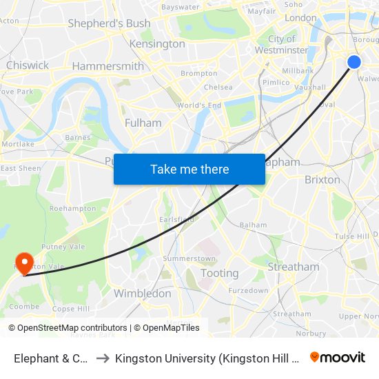 Elephant & Castle to Kingston University (Kingston Hill Campus) map