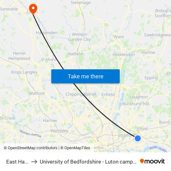 East Ham to University of Bedfordshire - Luton campus map