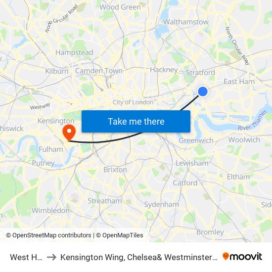 West Ham to Kensington Wing, Chelsea& Westminster Hospital map