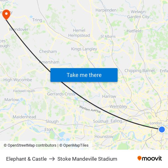 Elephant & Castle to Stoke Mandeville Stadium map