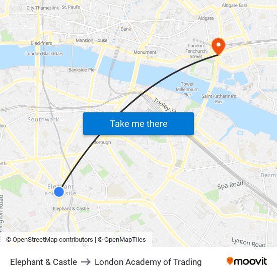 Elephant & Castle to London Academy of Trading map