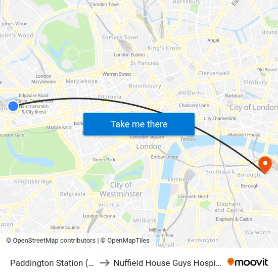 Paddington Station (H) to Nuffield House Guys Hospital map
