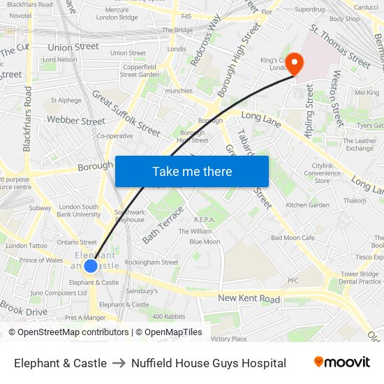 Elephant & Castle to Nuffield House Guys Hospital map