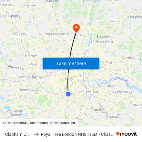 Clapham Common to Royal Free London NHS Trust - Chase Farm Hospital map
