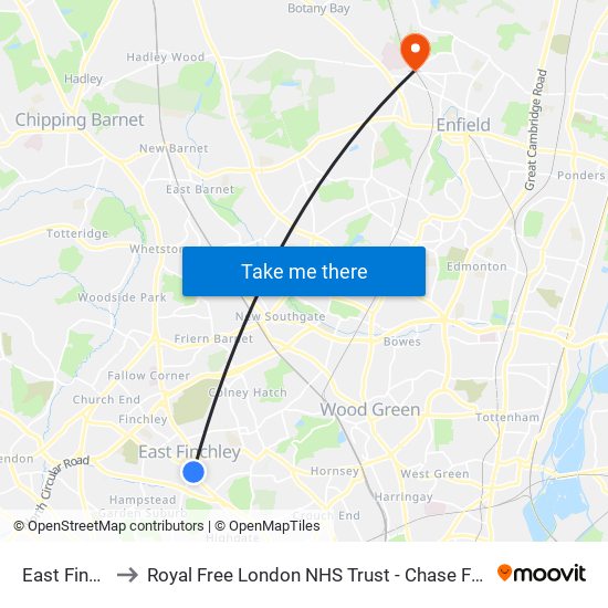 East Finchley to Royal Free London NHS Trust - Chase Farm Hospital map