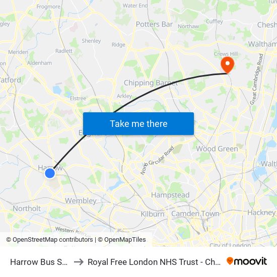 Harrow Bus Station to Royal Free London NHS Trust - Chase Farm Hospital map