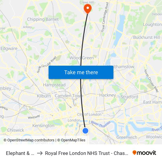 Elephant & Castle to Royal Free London NHS Trust - Chase Farm Hospital map