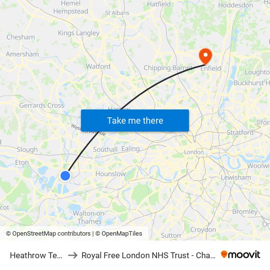 Heathrow Terminal 5 to Royal Free London NHS Trust - Chase Farm Hospital map